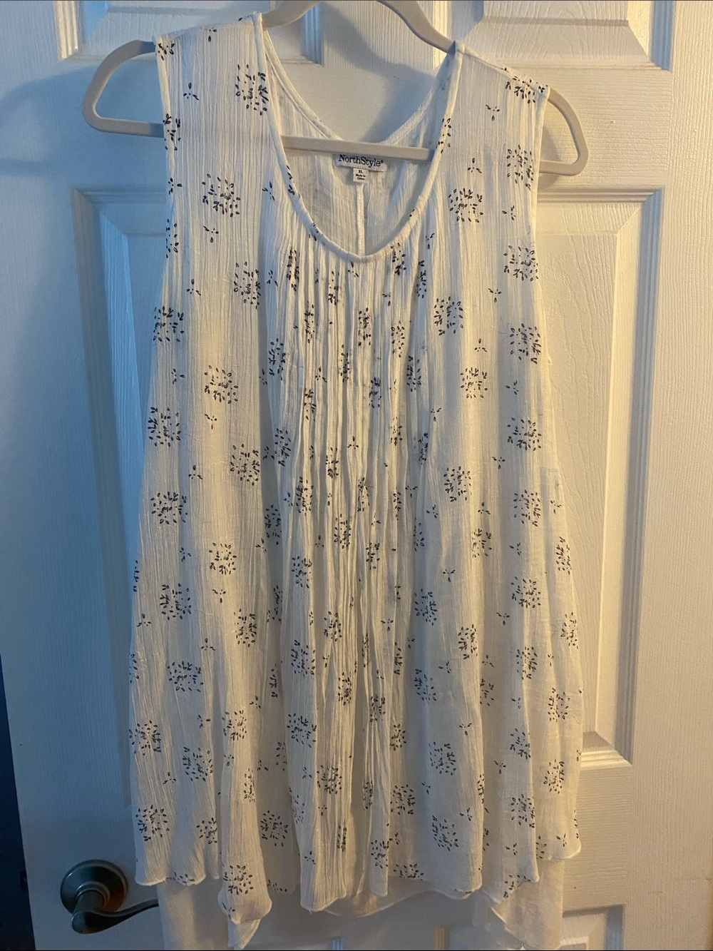 NorthStyle White Tank with Black Floral Print and Pleated Front